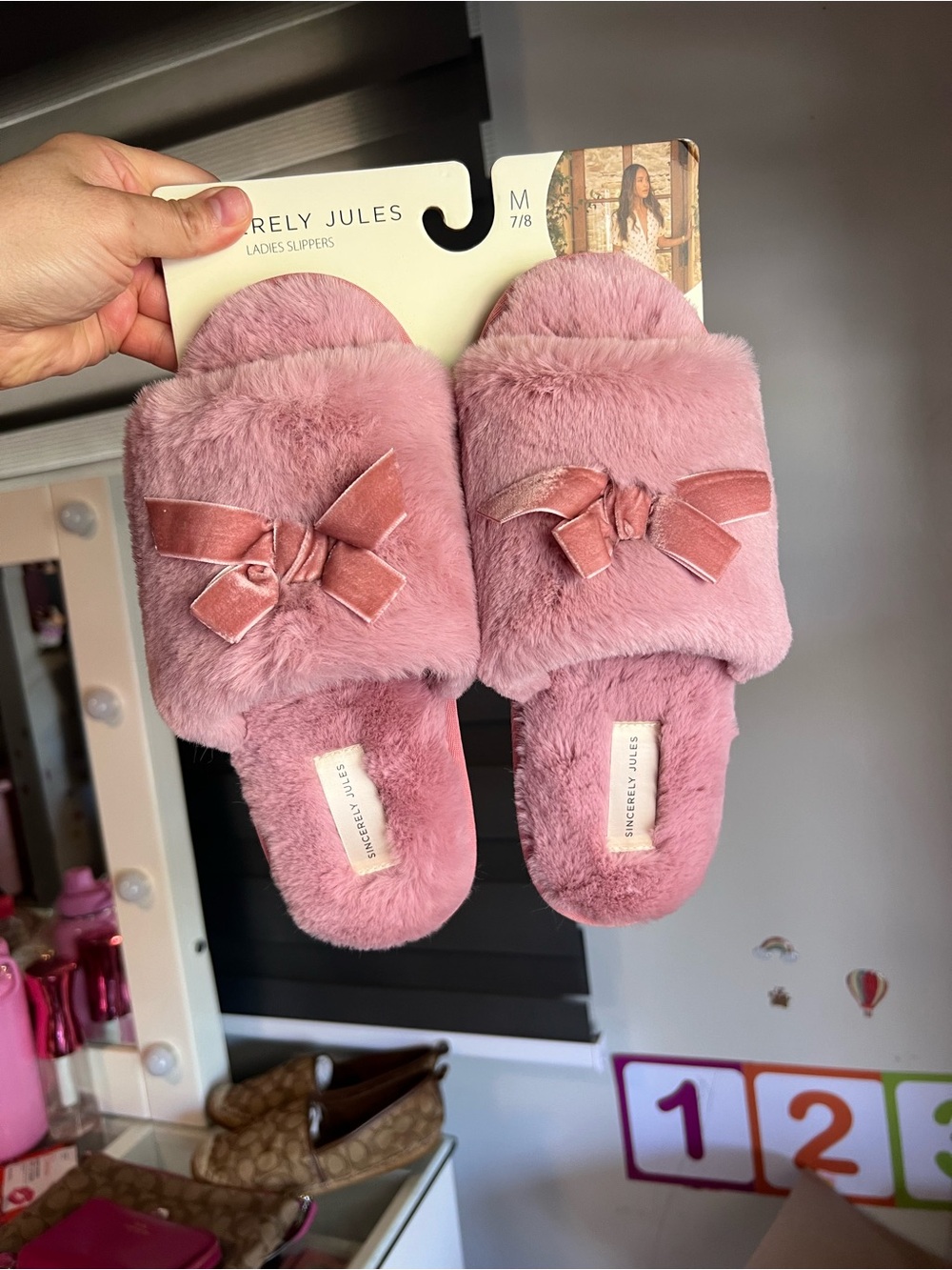 Sincerly Jules Dusty Pink Plush Slide Slippers with Bow Accent